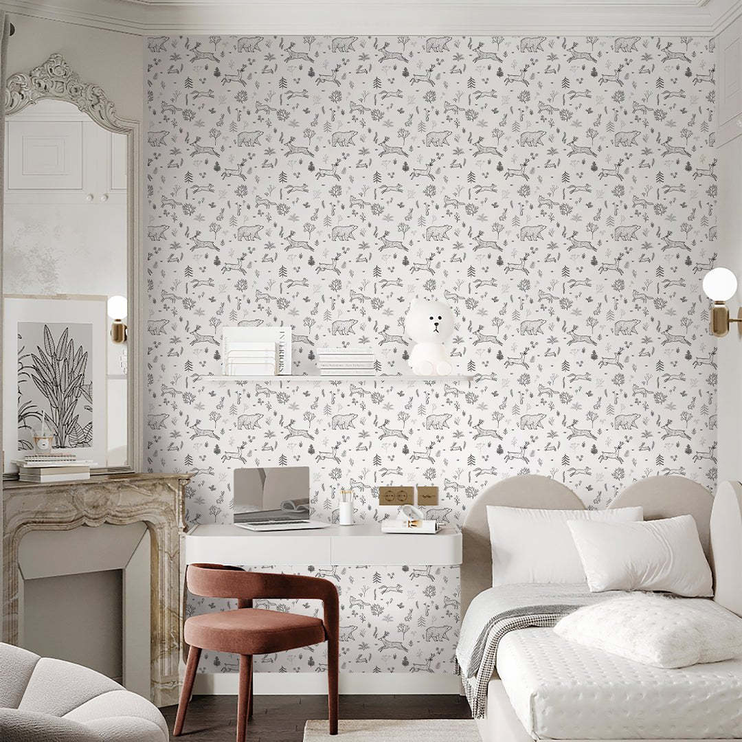 Papier peint animaux de la forêt en noir et blanc