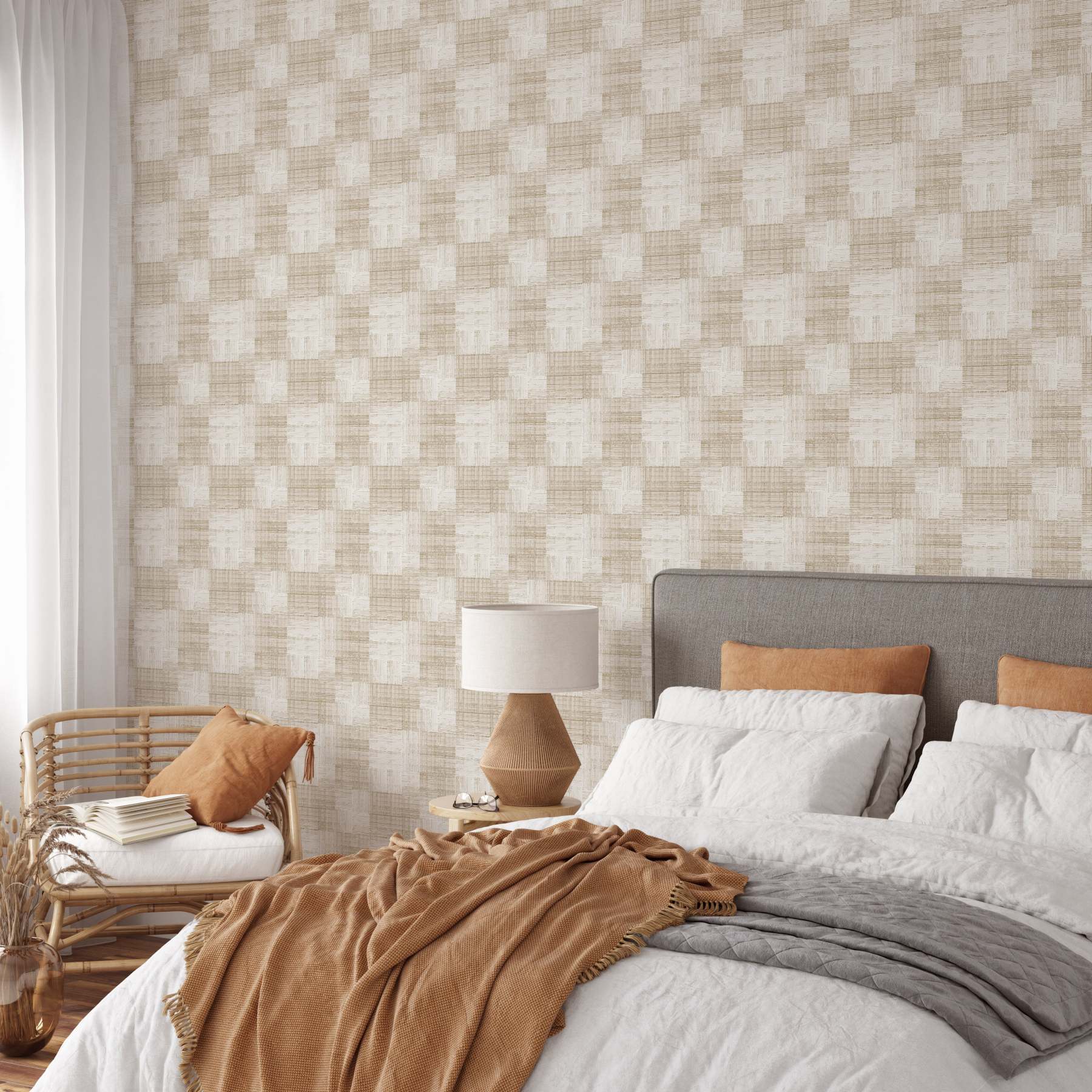 Papier peint en fibre végétale à carreaux beige clair