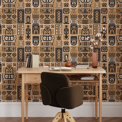 Papier peint motifs africains beige et brun