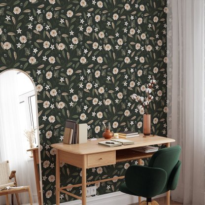 Papier peint floral vert foncé et beige