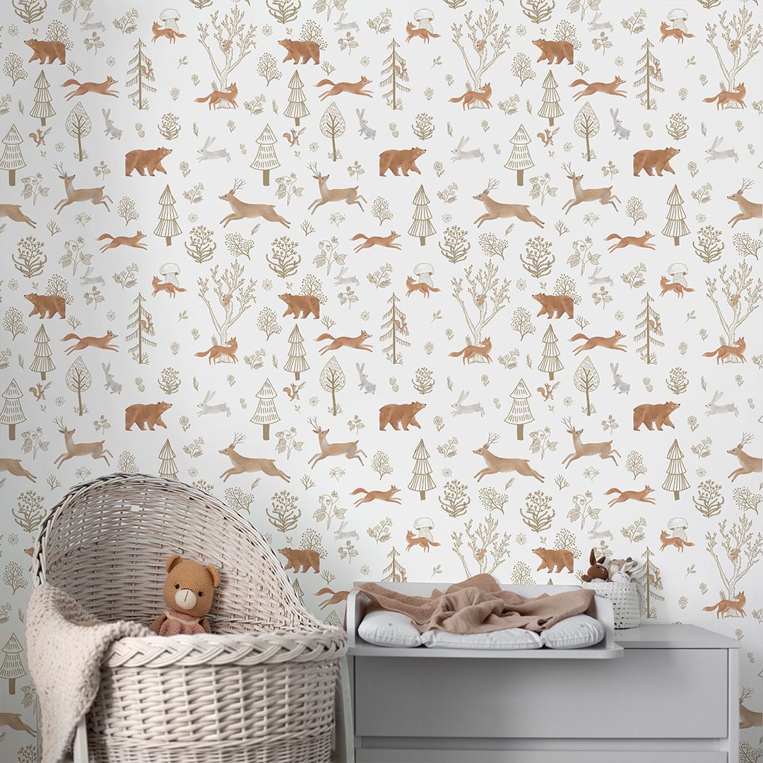 Papier peint animaux de la forêt beige et marron