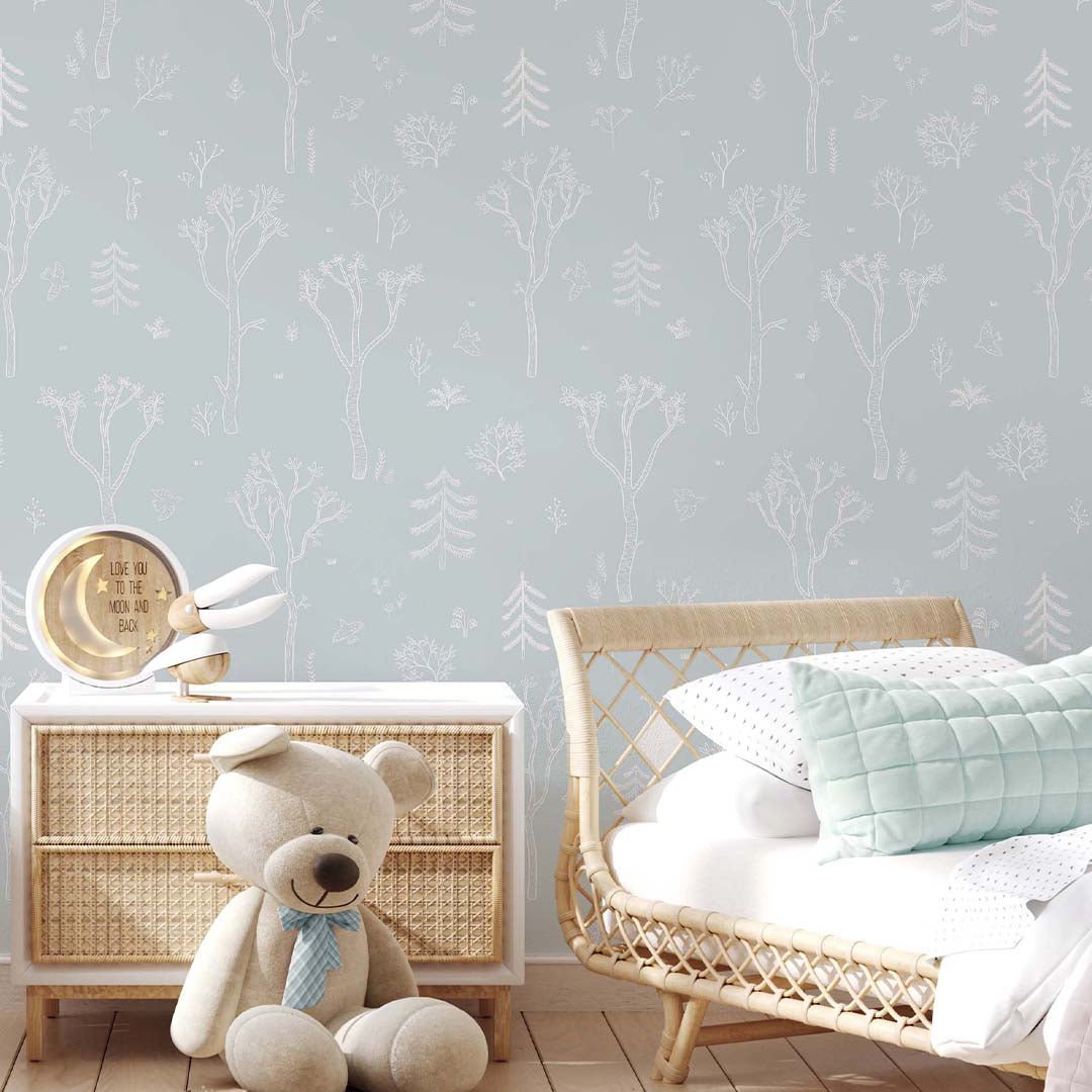 Papier peint forêt d'arbres bleus et blancs