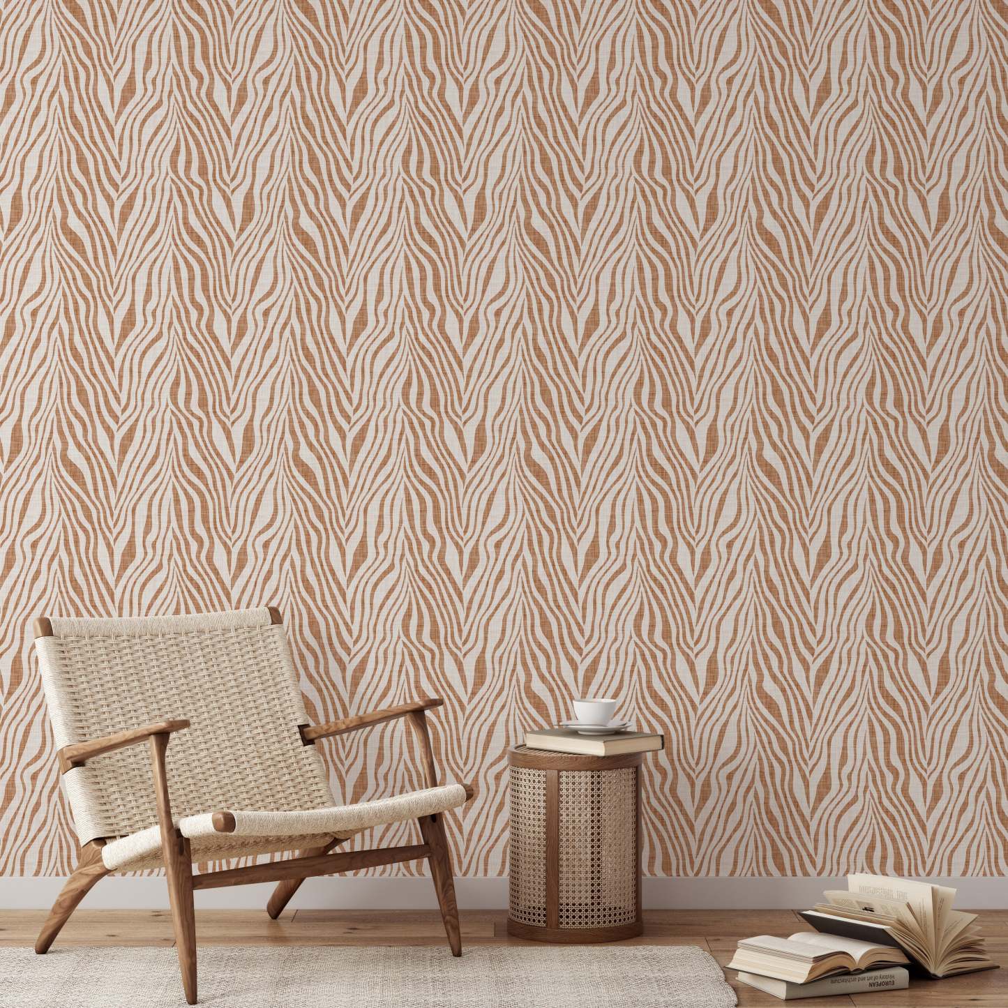 Papier peint abstrait en fibre végétale zébrée terracotta