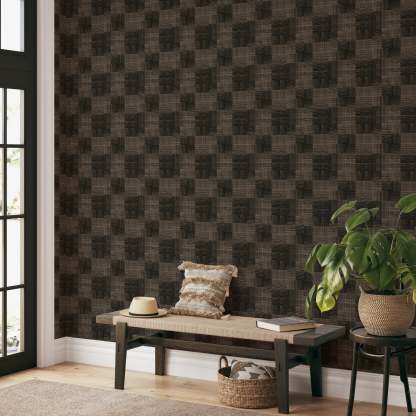 Papier peint en fibre végétale à carreaux marron foncé