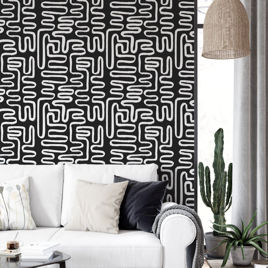 Papier peint à lignes bohèmes noires et blanches