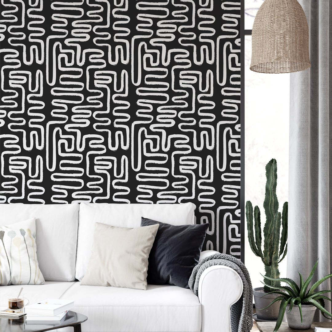 Papier peint à lignes bohèmes noires et blanches