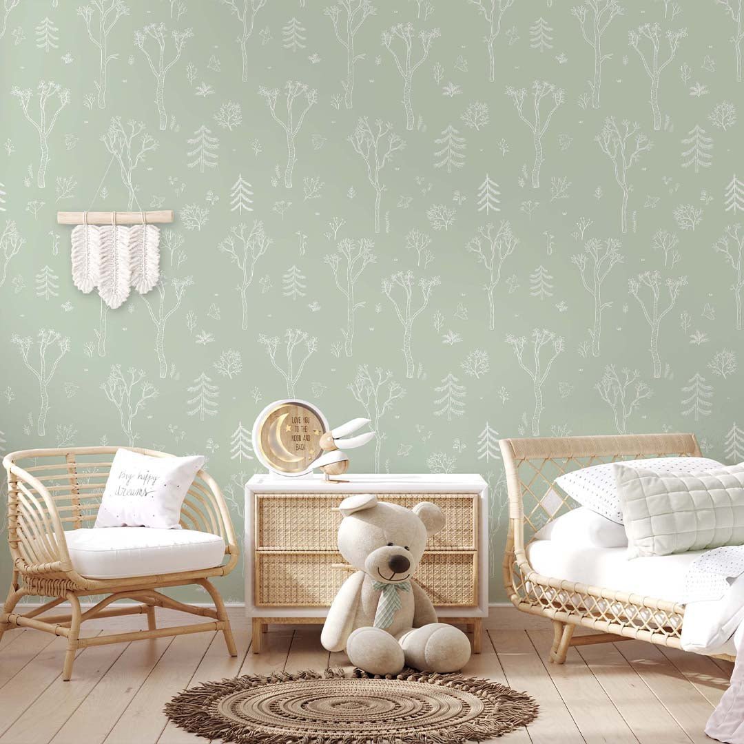 Papier peint Forêt d'arbres verts et blancs