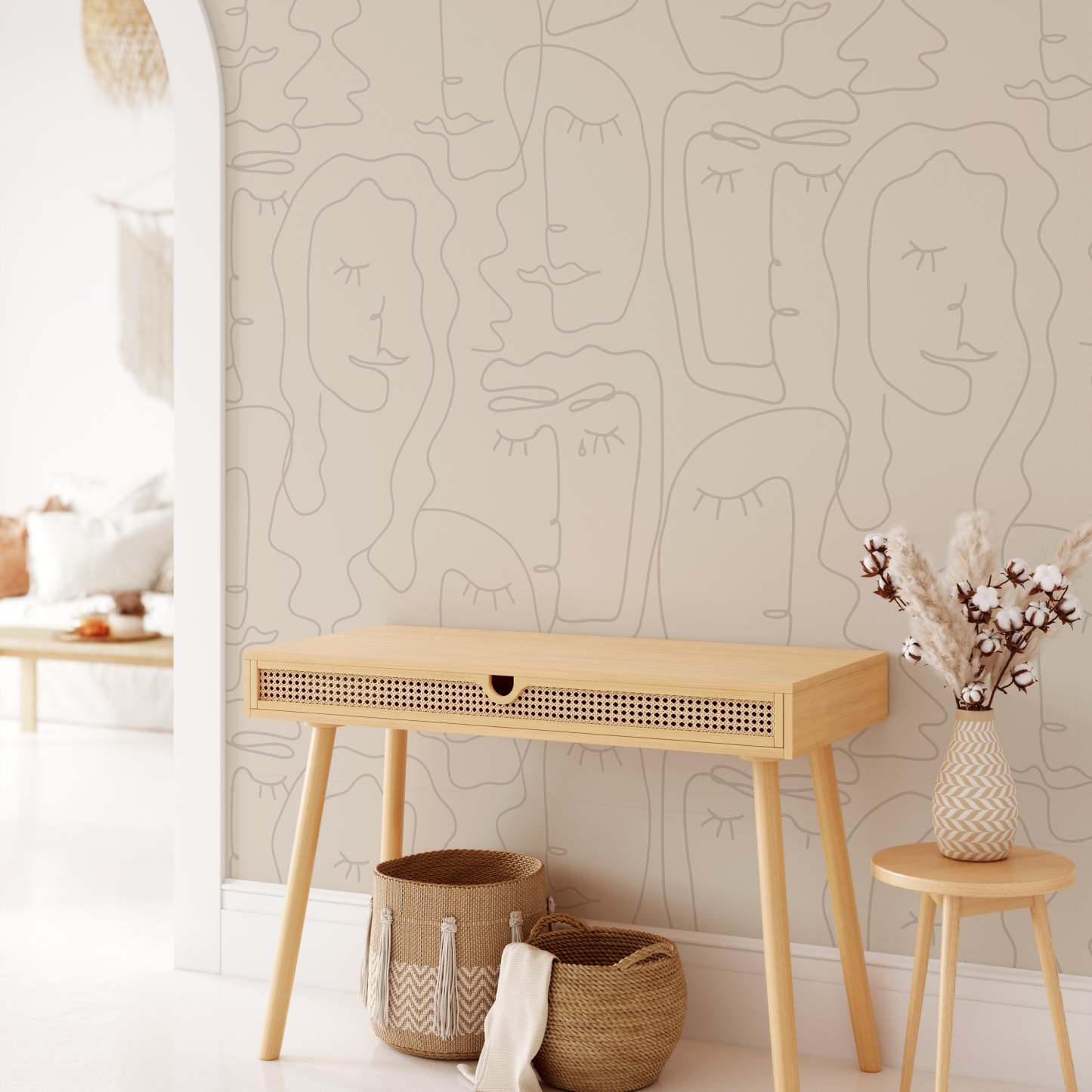 Papier peint beige abstrait à visage féminin