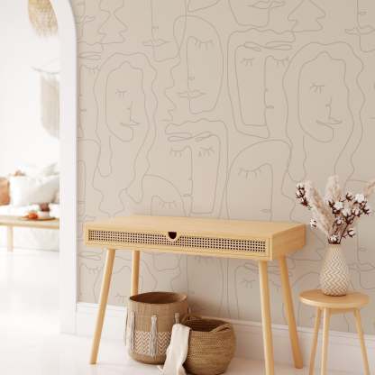 Papier peint beige abstrait à visage féminin