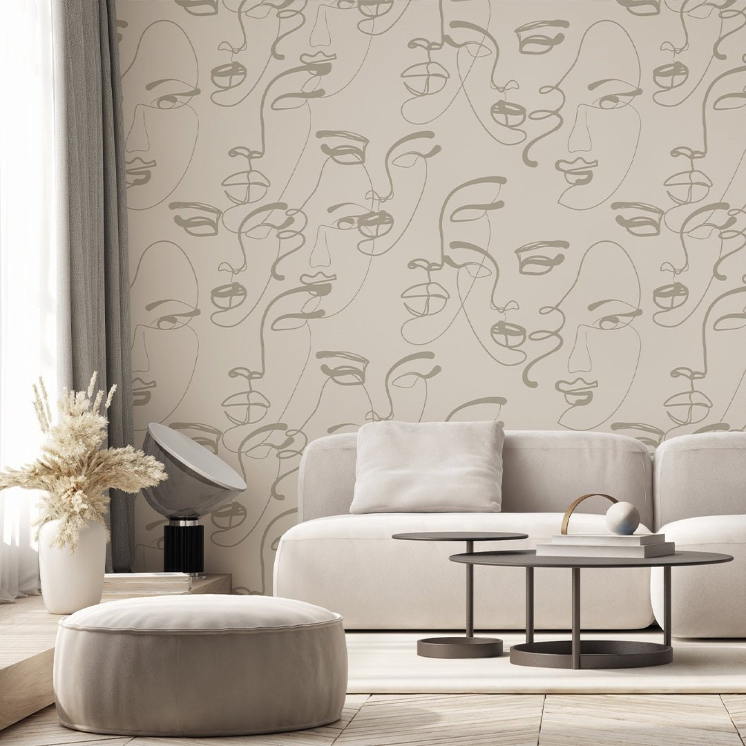 Papier peint beige visages féminins
