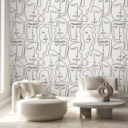 Papier peint abstrait en noir et blanc, motif d'un visage de femme