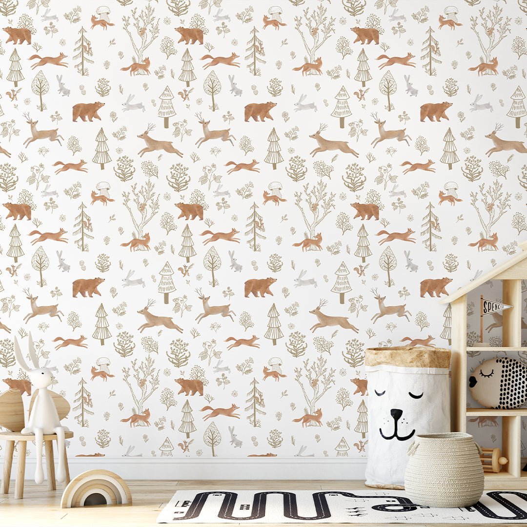 Papier peint animaux de la forêt beige et marron