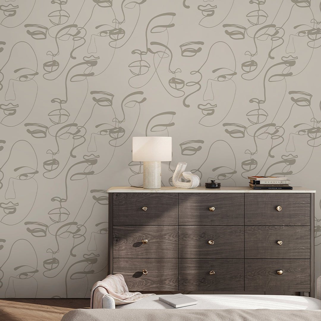 Papier peint beige visages féminins
