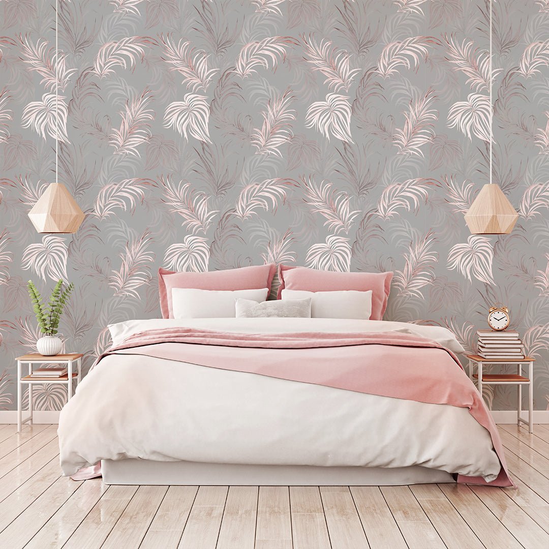 Papier peint à feuilles de palmier grises et roses