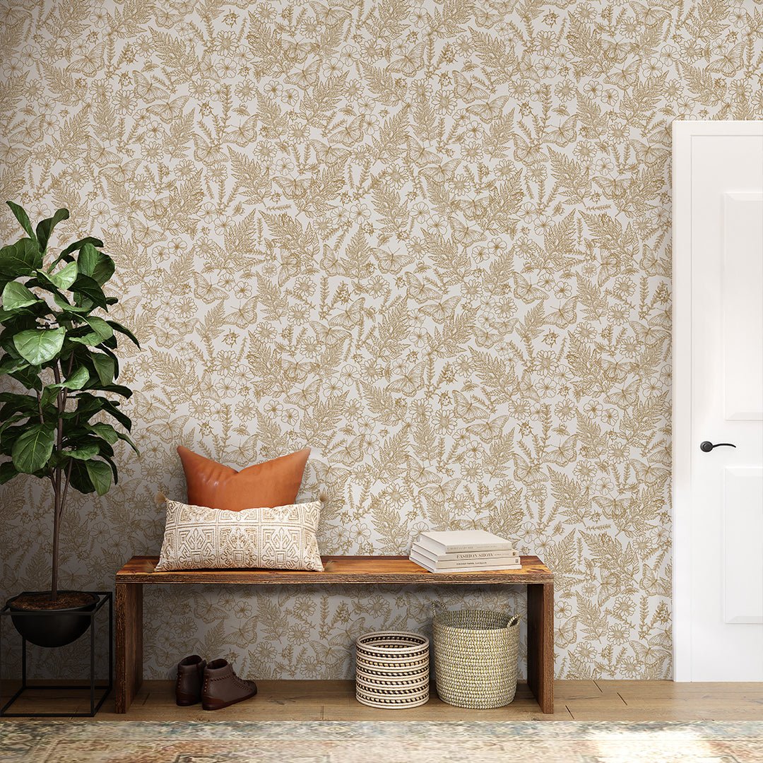 Papier peint beige papillons et plantes