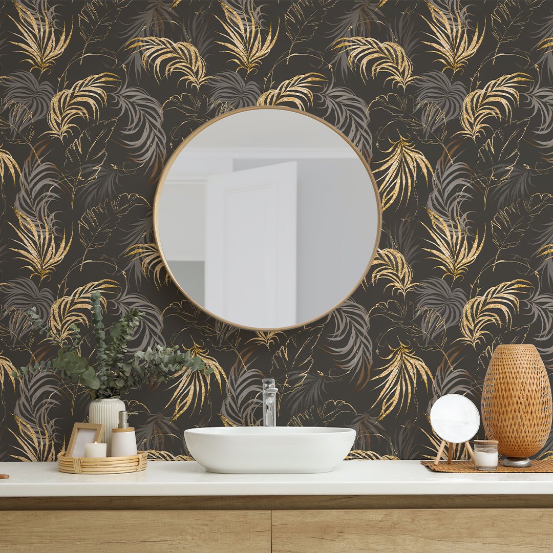 Papier peint feuilles de palmier brun et or