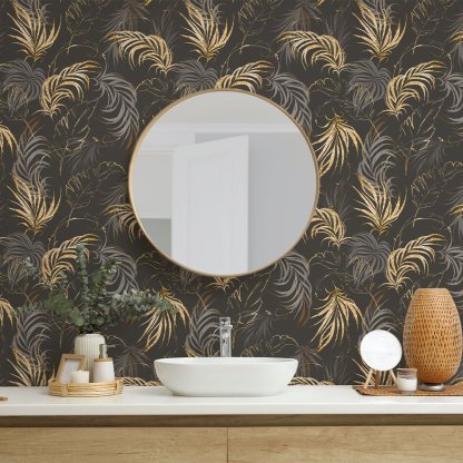 Papier peint feuilles de palmier brun et or