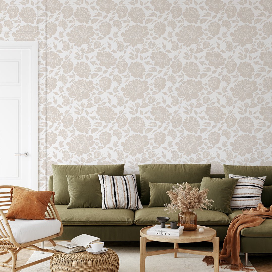 Papier peint à fleurs de pivoines beige nude