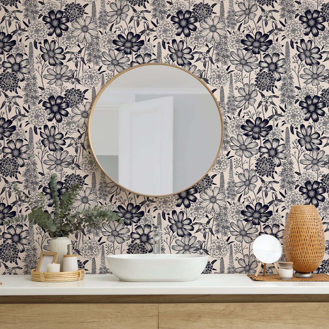 Papier peint à fleurs sauvages beige et noir