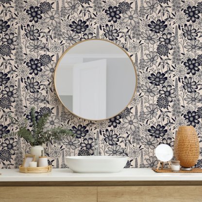 Papier peint à fleurs sauvages beige et noir