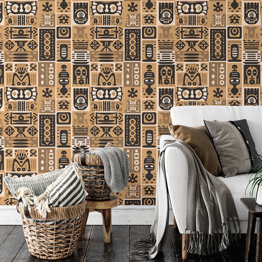 Papier peint motifs africains beige et brun
