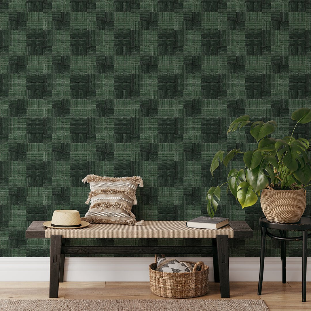 Papier peint fibres végétales à carreaux vert foncé
