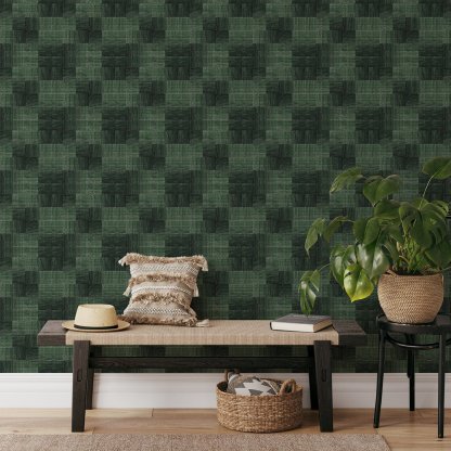 Papier peint fibres végétales à carreaux vert foncé