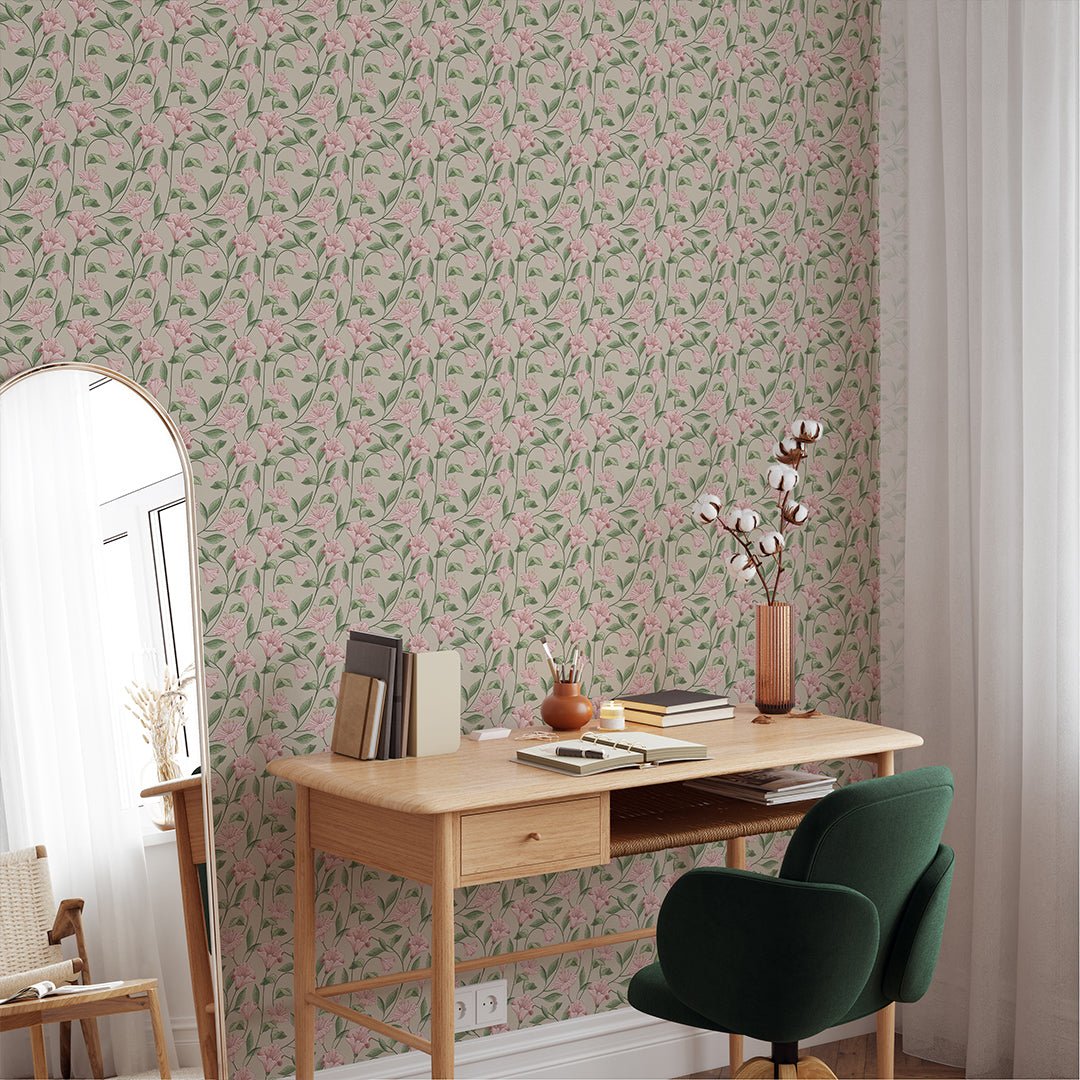 Papier peint campanule beige et rose