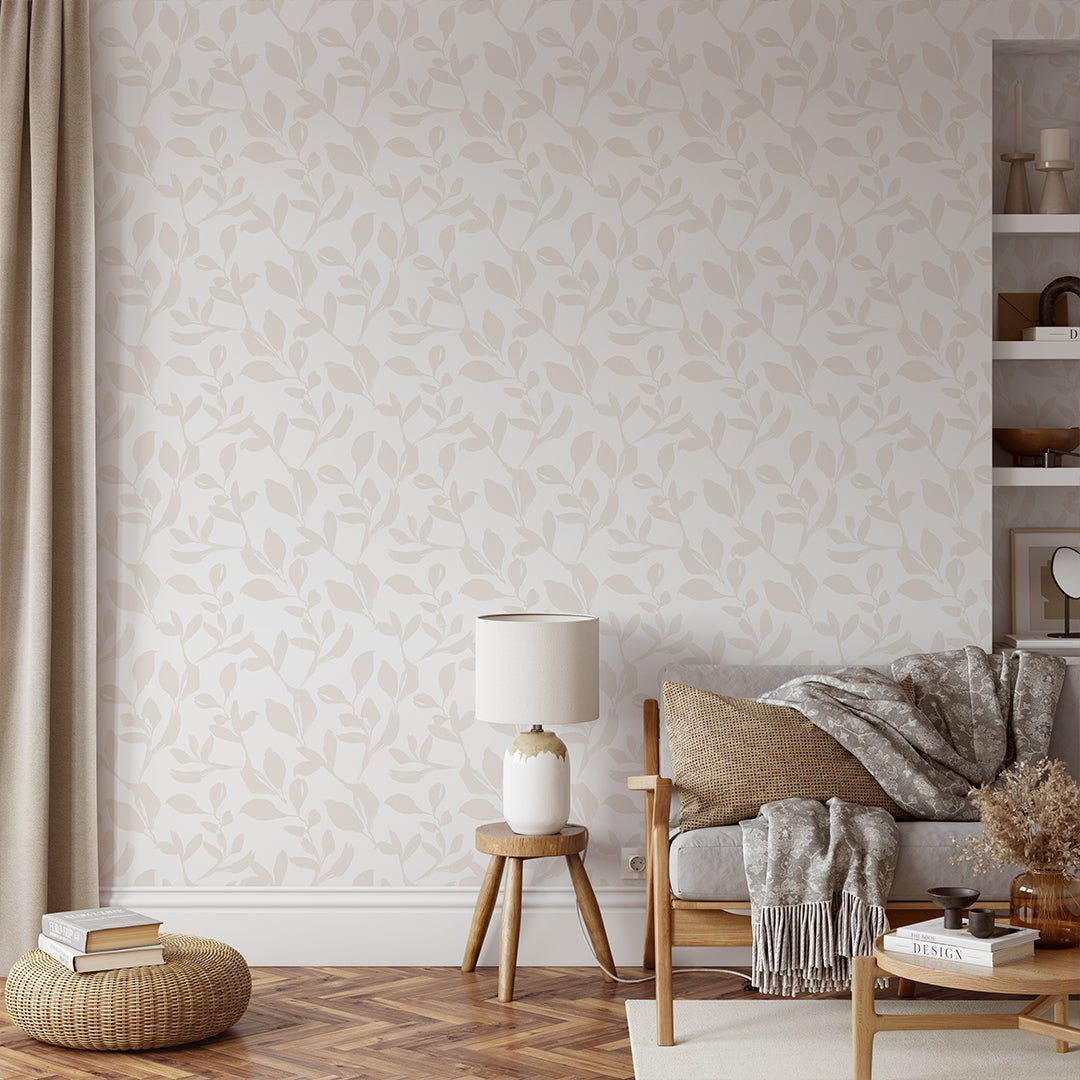 Papier peint en fibre végétale beige neutre à motif floral
