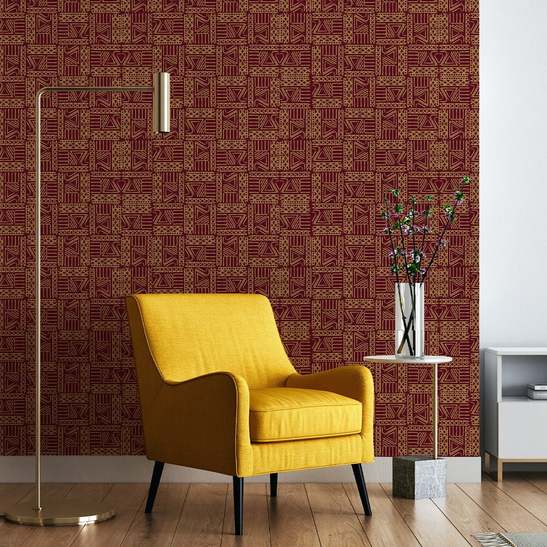 Papier peint bordeaux à symboles africains