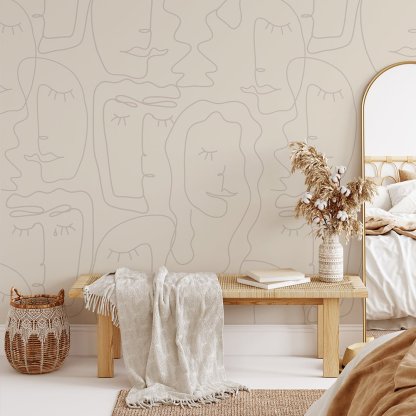 Papier peint beige abstrait à visage féminin