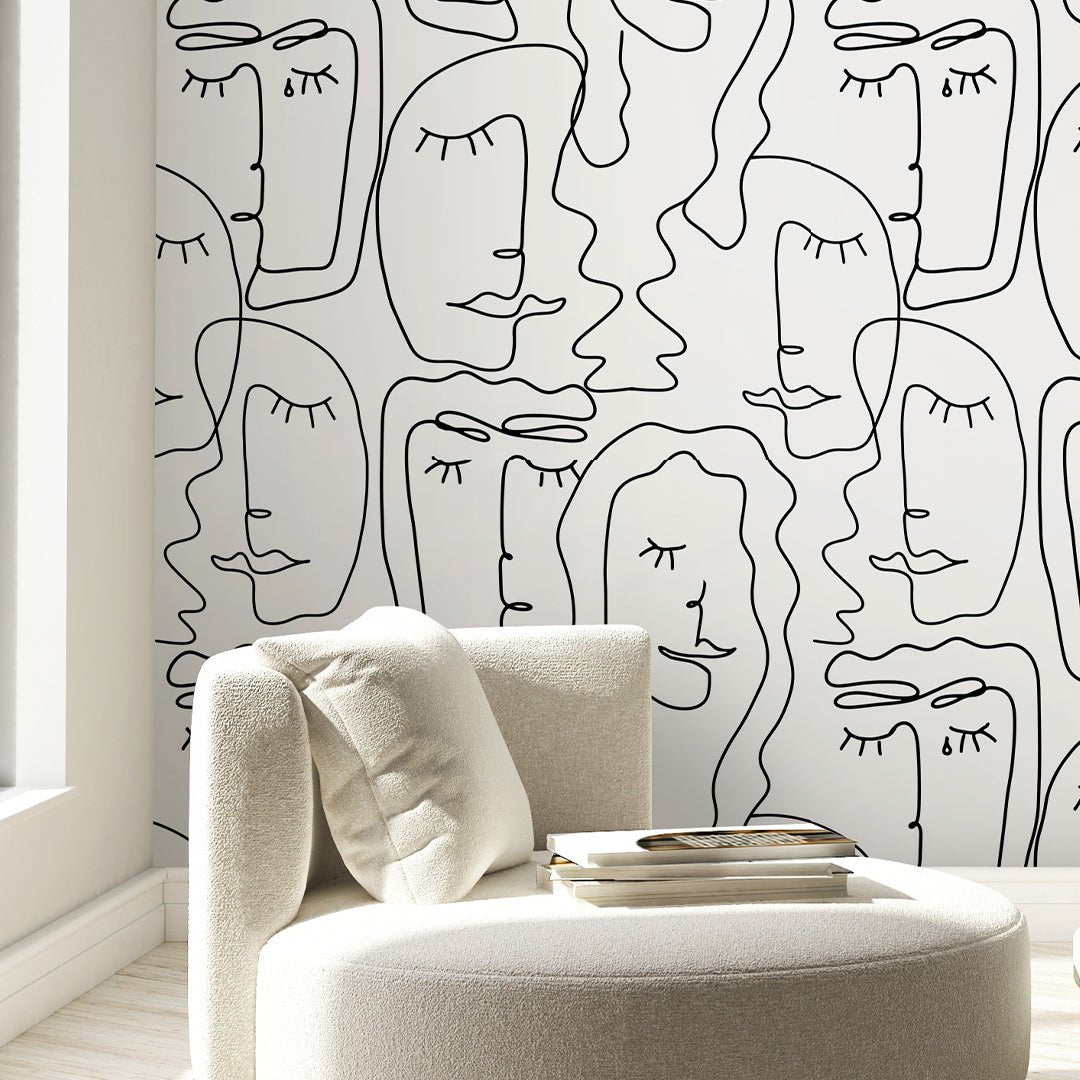 Papier peint abstrait en noir et blanc, motif d'un visage de femme