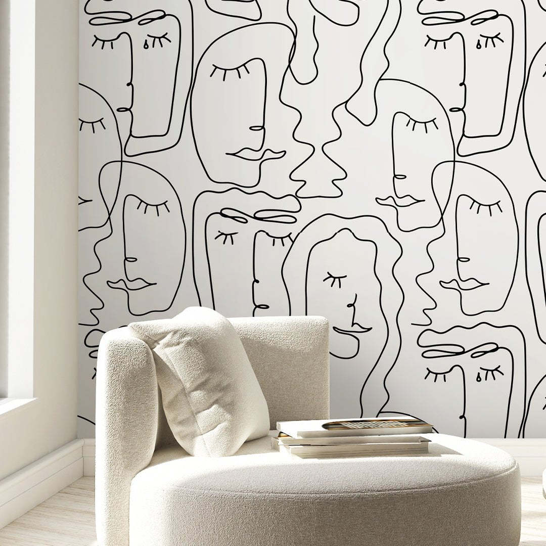 Papier peint abstrait en noir et blanc, motif d'un visage de femme