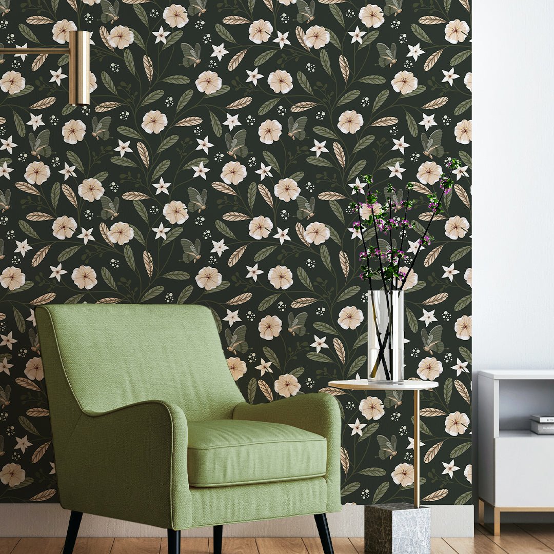 Papier peint floral vert foncé et beige