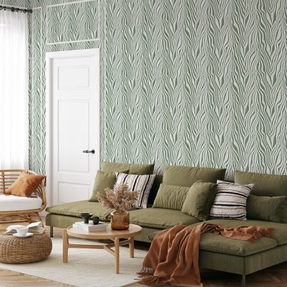 Papier peint abstrait vert zébré en fibres végétales