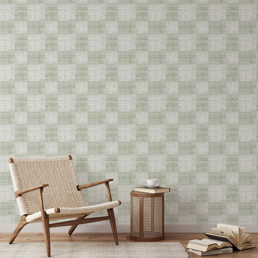 Papier peint fibres végétales à carreaux vert tendre