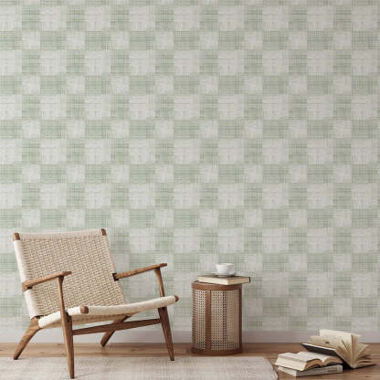 Papier peint fibres végétales à carreaux vert tendre