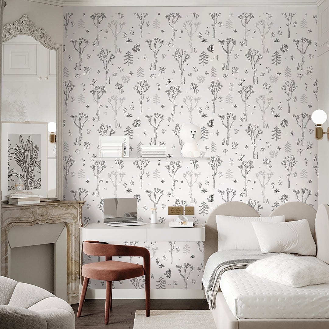 Papier peint forêt d'arbres noir et blanc