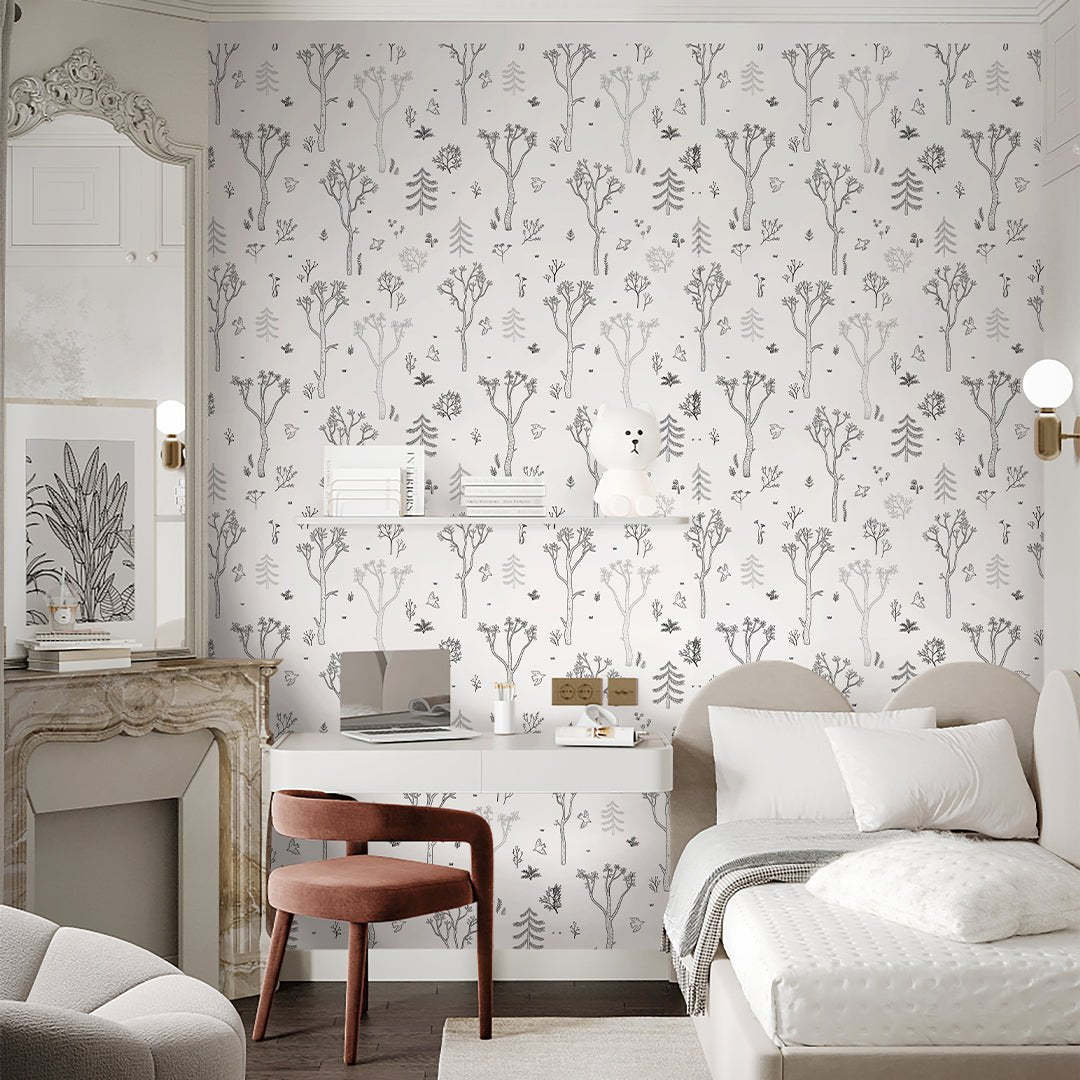 Papier peint forêt d'arbres noir et blanc