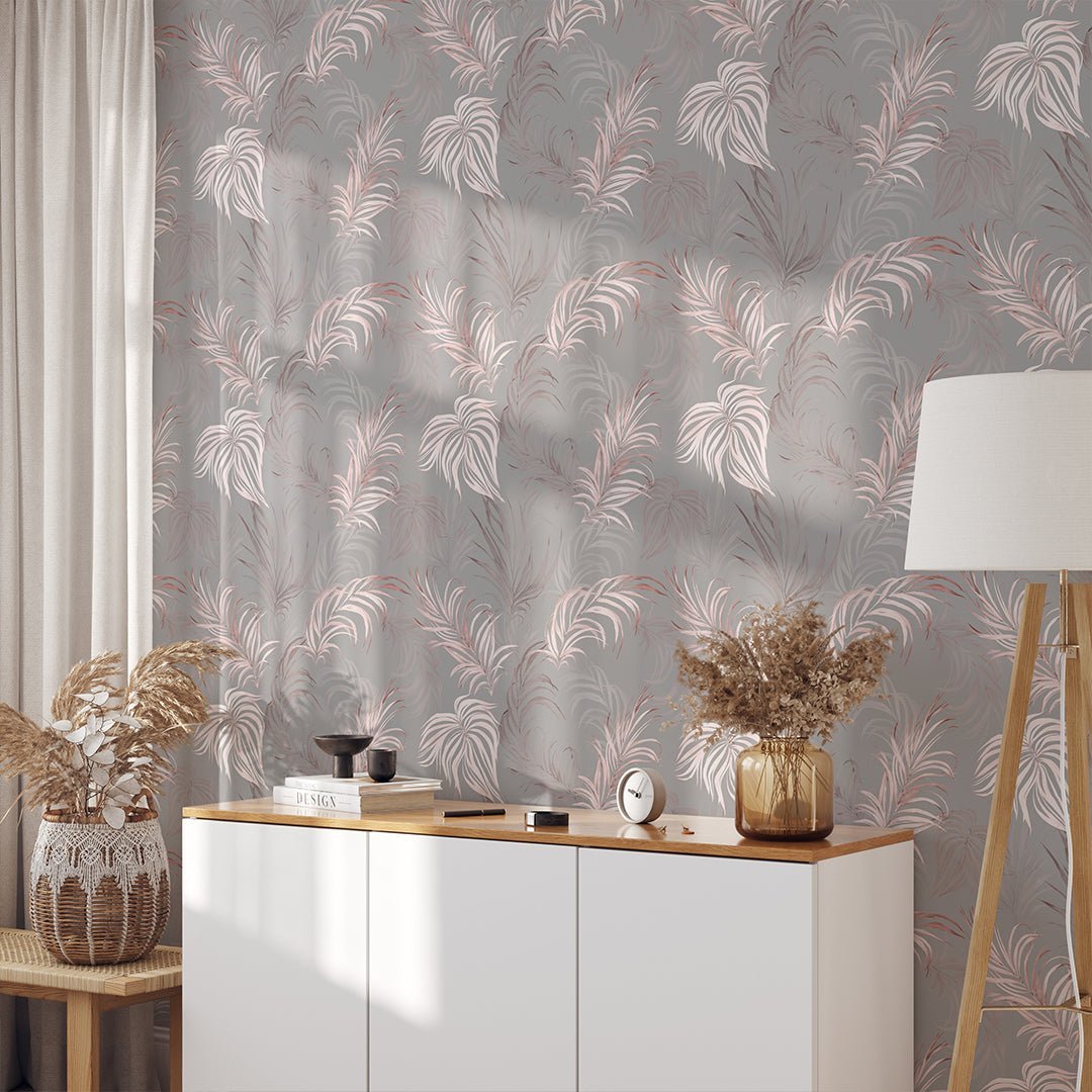 Papier peint à feuilles de palmier grises et roses