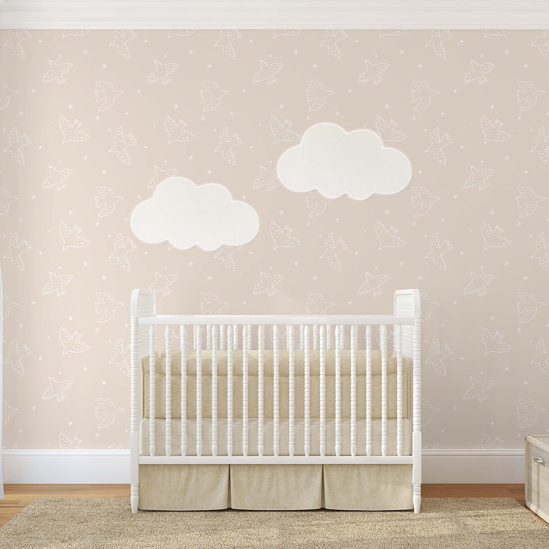 Papier peint oiseaux blanc cassé