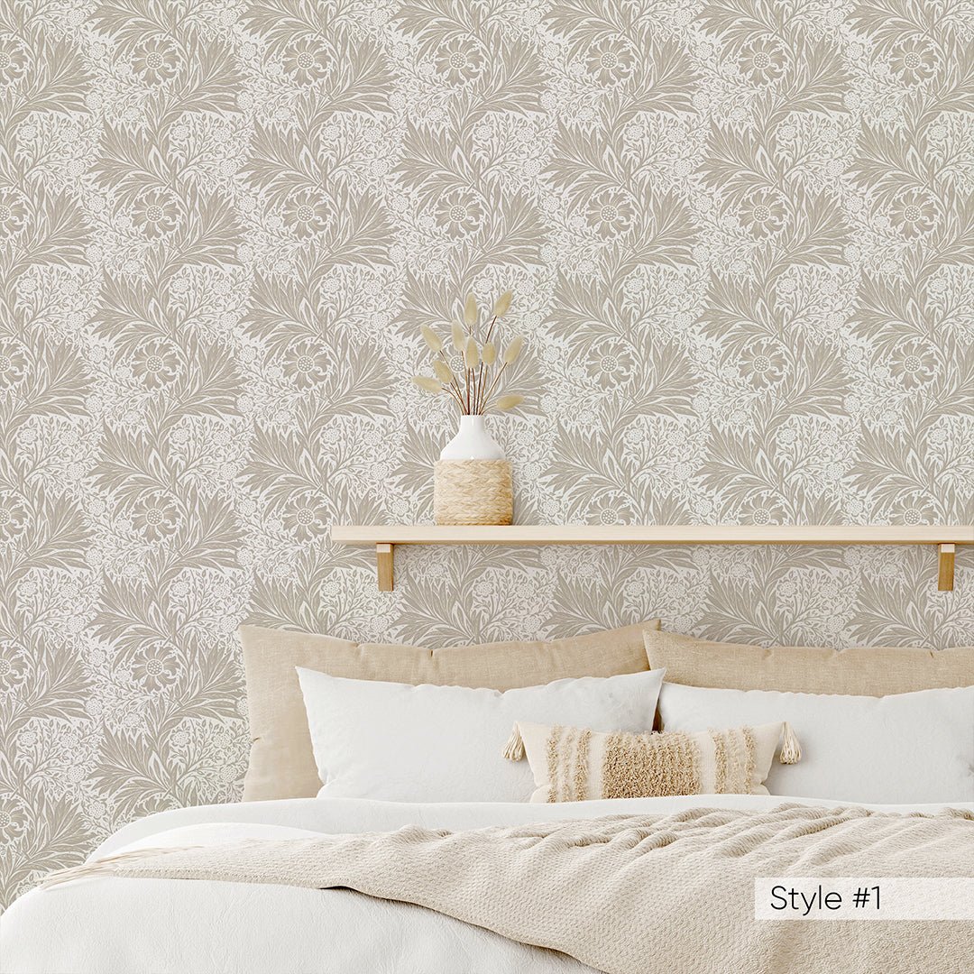 Papier peint élégant beige et vert souci