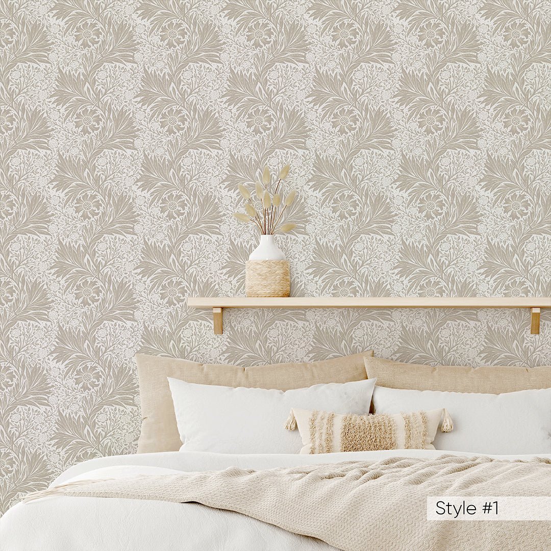 Papier peint élégant beige et vert souci