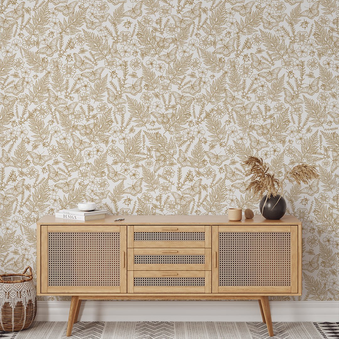 Papier peint beige papillons et plantes