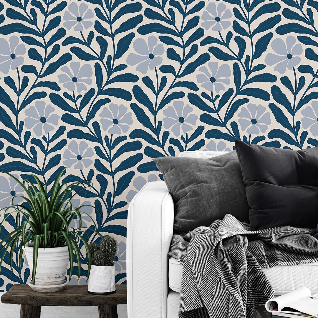 Papier peint botanique floral bleu