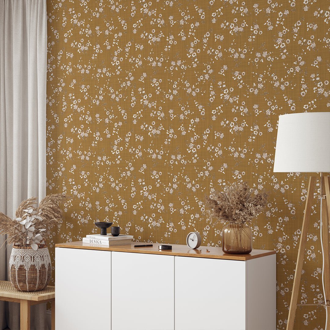Papier peint floral miniature ocre