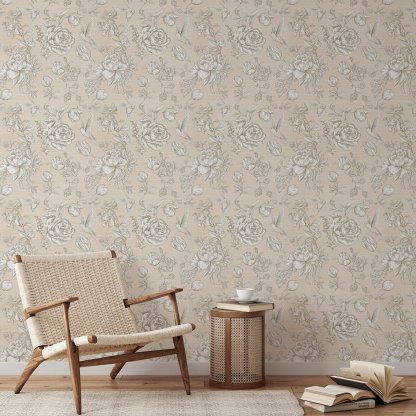 Papier peint en fibre végétale beige à motifs de fleurs et d'oiseaux