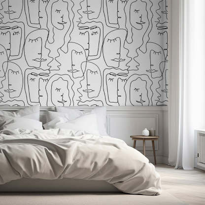 Papier peint abstrait en noir et blanc, motif d'un visage de femme