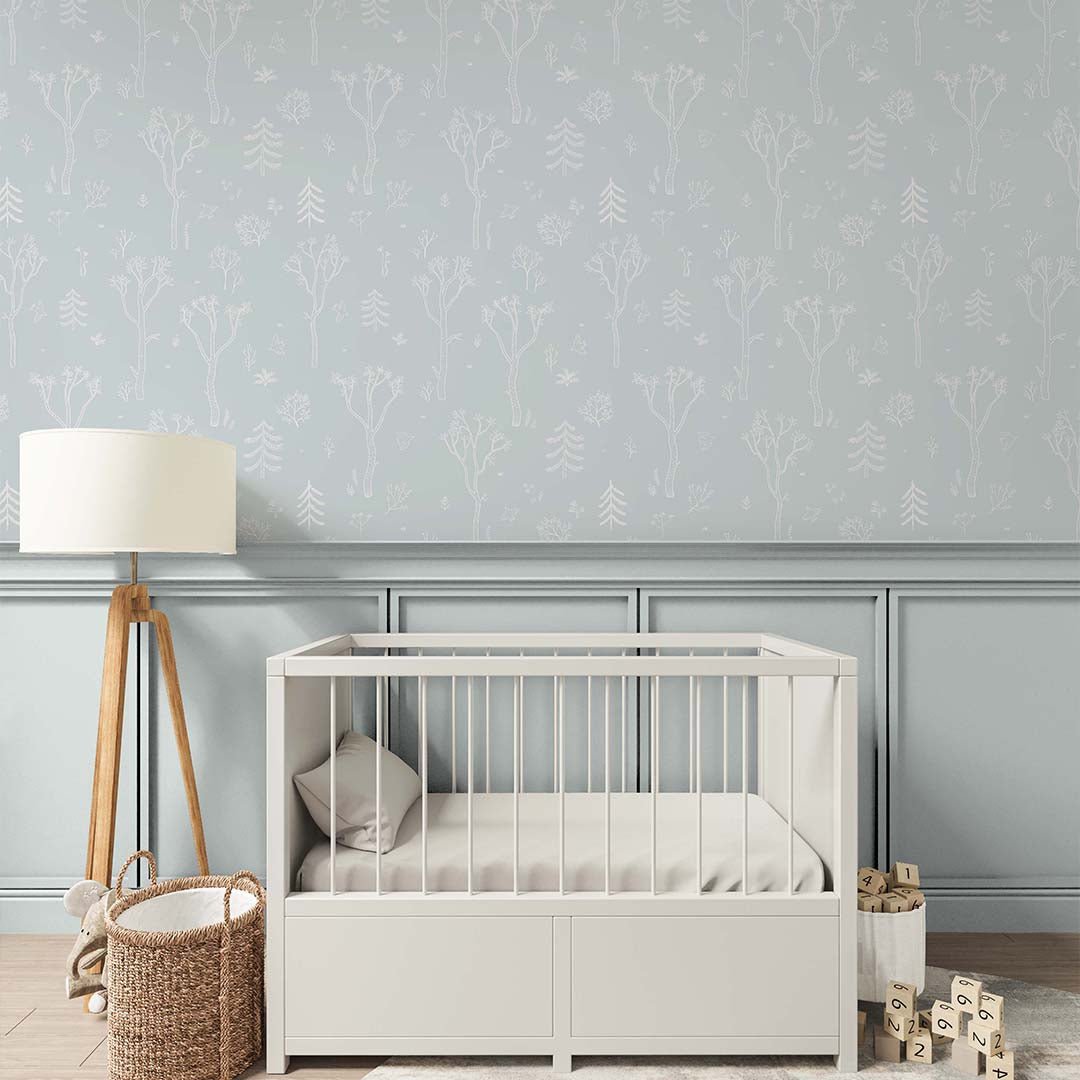 Papier peint forêt d'arbres bleus et blancs