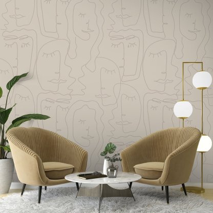 Papier peint beige abstrait à visage féminin